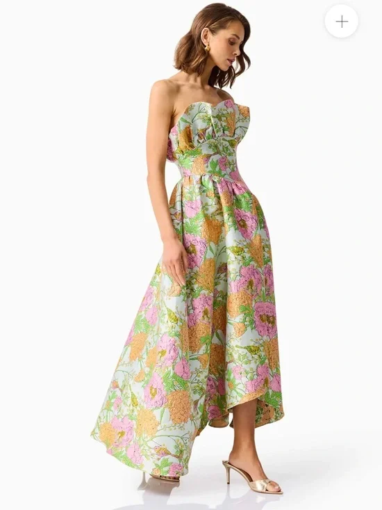 elliatt laurel green floral jacquard strapless ruffle maxi gown dress medium NEW - Picture 6 of 17